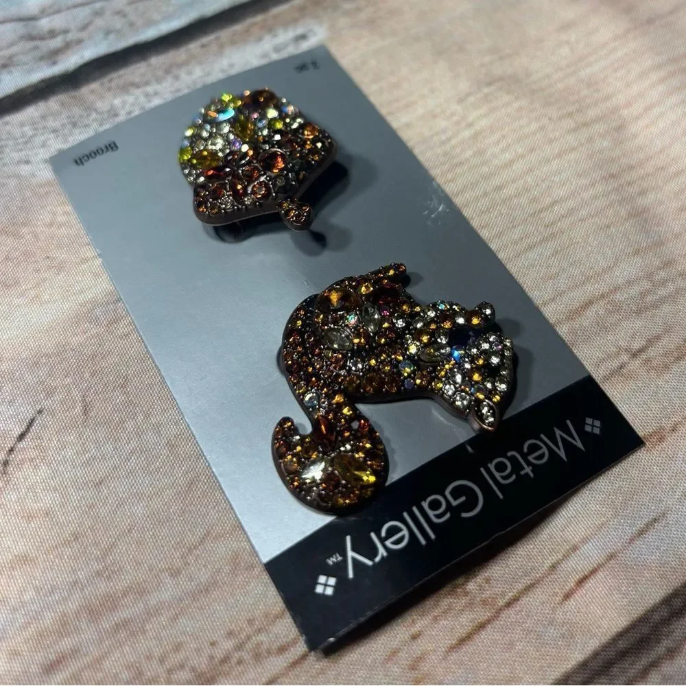 New! Metal Gallery Squirrel & Acorn Rhinestone Brooches NWT
